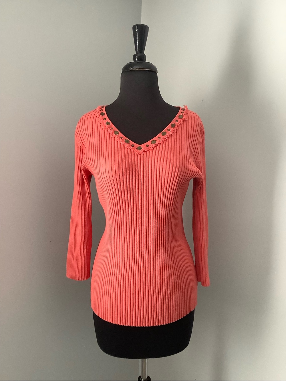 Ribbed V-Neck Sweater with Embellished Trim - Coral